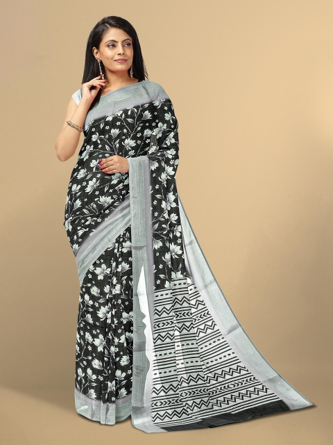 

Kalamandir Black & Silver-Toned Floral Linen Blend Saree