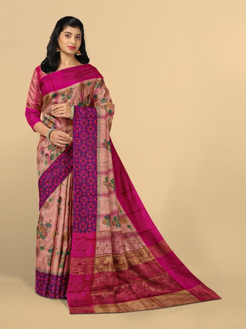 

Kalamandir Pink & Green Floral Tissue Saree