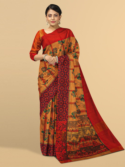 

Kalamandir Red & Green Floral Tissue Saree