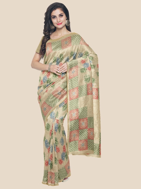 

Kalamandir Cream-Coloured & Green Floral Silk Blend Saree