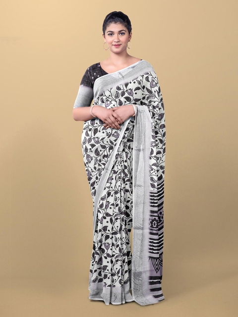 

Kalamandir White & Black Floral Linen Blend Saree