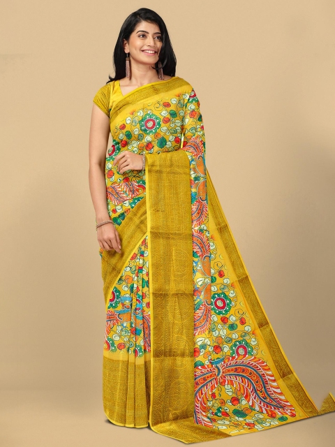 

Kalamandir Yellow & Green Kalamkari Zari Linen Blend Saree