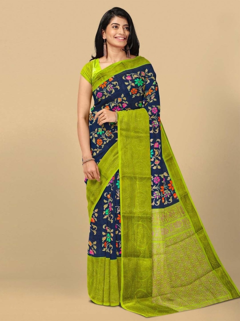 

Kalamandir Navy Blue & Green Floral Printed Zari Linen Blend Saree