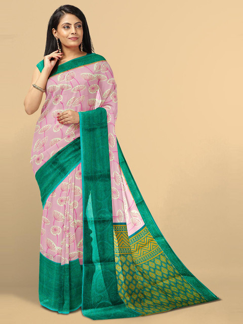 

Kalamandir Pink & Green Floral Linen Blend Saree
