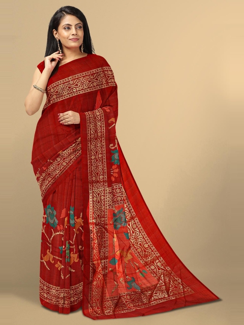 

Kalamandir Red & Teal Floral Jute Silk Saree