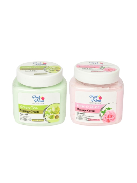 

Pink Plums Paraben Free Green Tea & Rose and Mint Massage Cream Combo - 500 ml Each