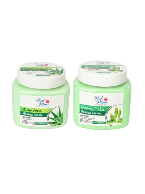 

Pink Plums Set of Aloe Vera & Neem Tulsi Face & Body Massage Creams - 500 ml Each, Green
