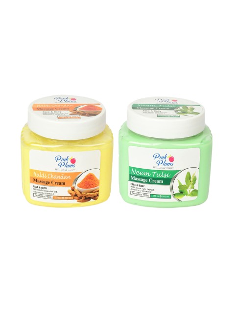 

Pink Plums Set of Haldi Chandan & Neem Tulsi Face & Body Massage Creams - 500 ml Each, Yellow