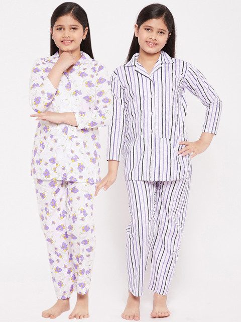 

KYDZI Girls Pack of 2 Purple & White Printed Night suit