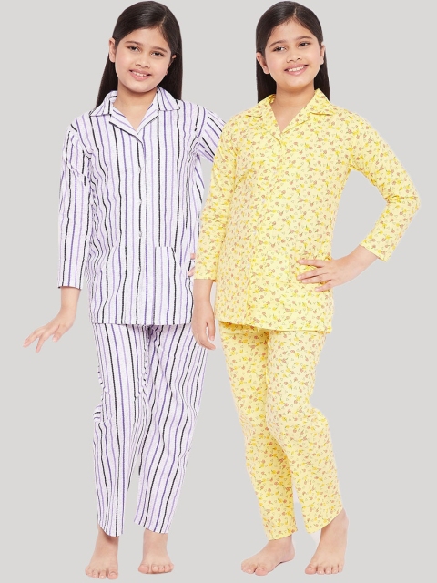 

KYDZI Girls Set Of 2 Yellow & Purple Striped Pure Cotton Night suit