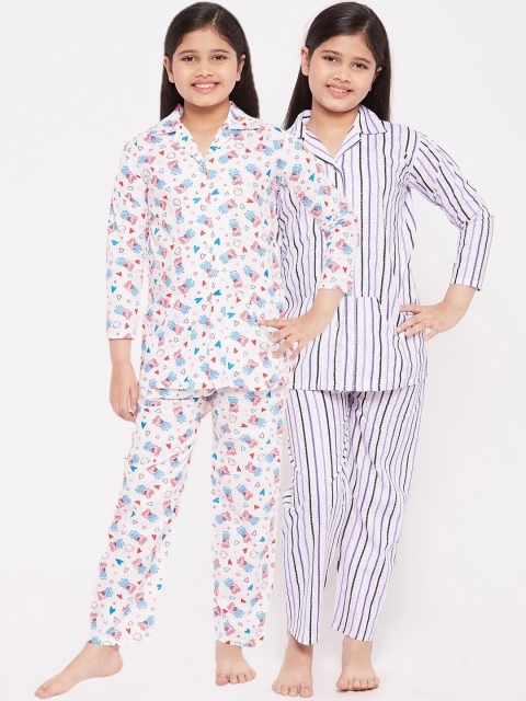 

KYDZI Girls White & Violet Striped Pure Cotton Night suit Pack Of 2