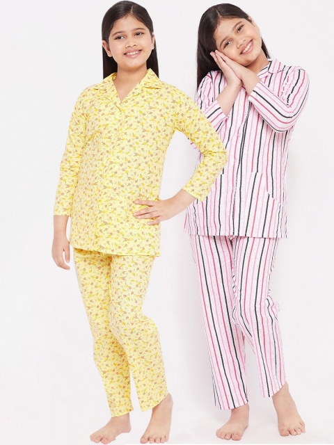 

KYDZI Girls Pack of 2 Purple & Yellow Printed Cotton Night suit