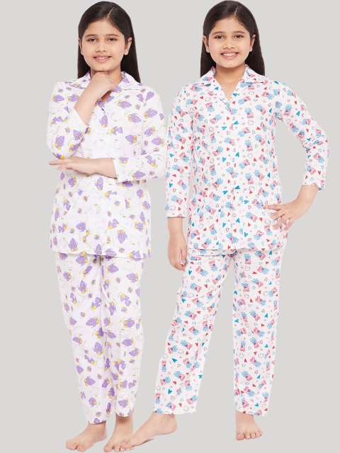 

KYDZI Girls Lavender & Blue Set Of 2 Printed Cotton Night Suit