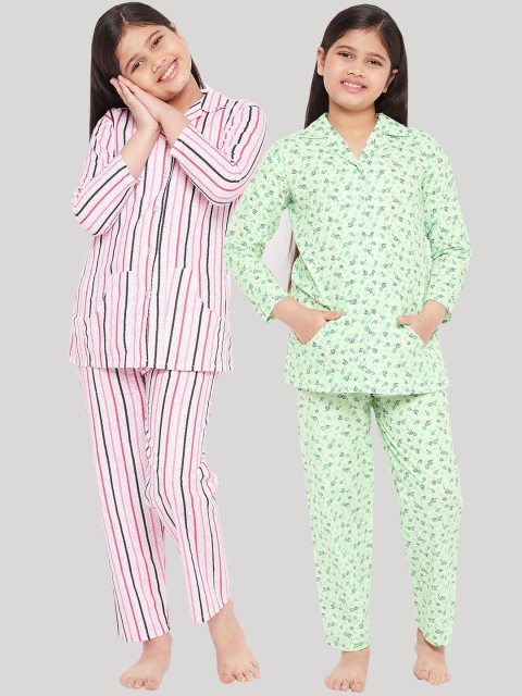 

KYDZI Girls Pack of 2 Pink & Green Pure Cotton Night Suits