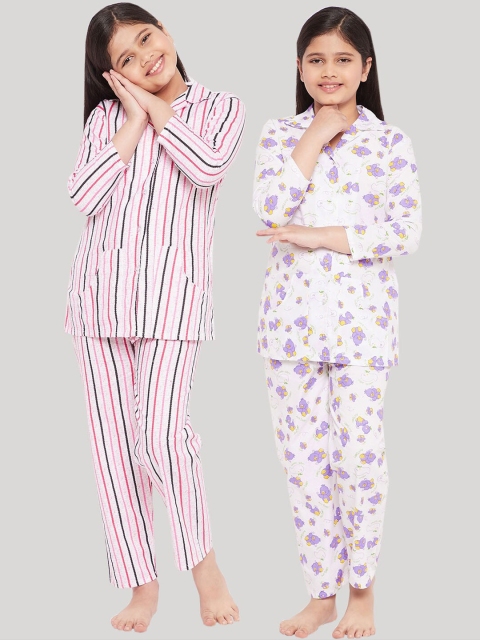 

KYDZI Girls Pack of 2 Pink & Purple Printed Pure Cotton Night suit