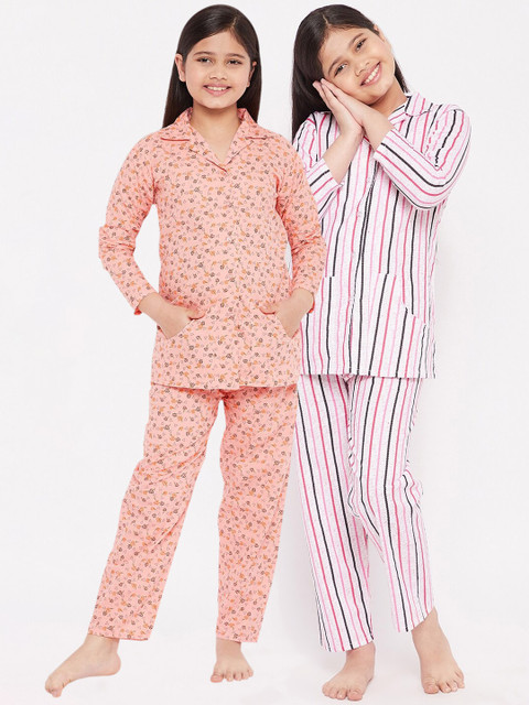 

KYDZI Girls Peach-Coloured & White Striped Pure Cotton Night suit Pack Of 2