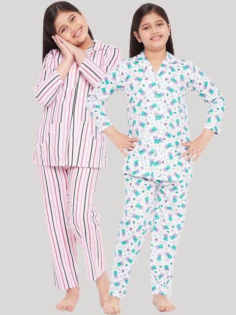 

KYDZI Girls Set Of 2 Purple & Blue Striped Pure Cotton Night suit