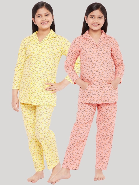 

KYDZI Girls Yellow & Peach-Coloured Printed Pure Cotton Night suit Pack Of 2