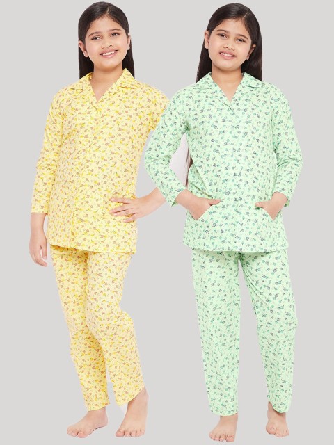 

KYDZI Girls Pack of 2 Green & Yellow Printed Cotton Night suit
