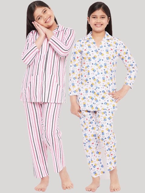 

KYDZI Girls Pack of 2 White & Pink Printed Pure Cotton Night suit
