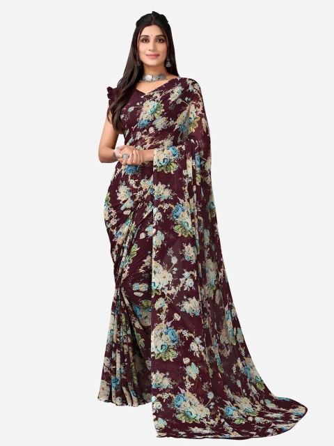 

SIRIL Purple & Blue Floral Printed Poly Georgette Saree