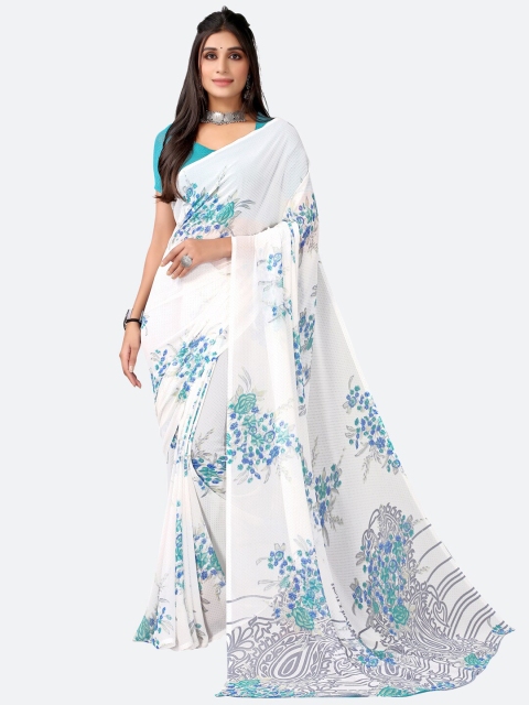 

SIRIL White & Blue Floral Printed Saree