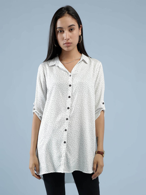 

IDK White Roll-Up Sleeves Shirt Style Micro Ditsy Printed Longline Top