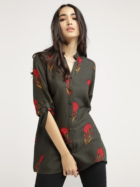 

IDK Green Floral Print Mandarin Collar Roll-Up Sleeves Shirt Style Top