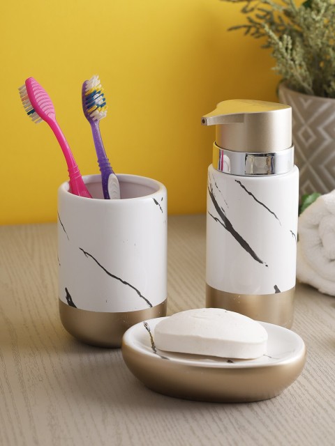 

House Of Accessories Set Of 3 White & Gold-toned Bathroom Accessories