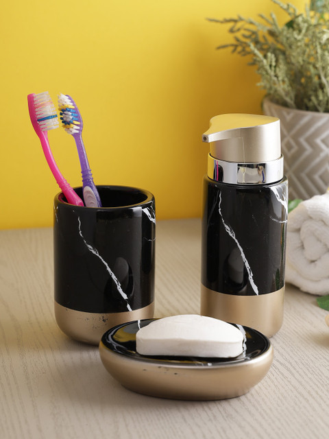 

House Of Accessories Set Of 3 Black & Gold-Toned Printed Bathroom Accessories