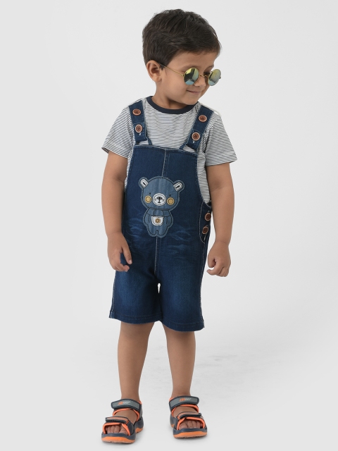 

YK Boys Navy Blue Striped T-shirt with Denim Dungaree Shorts