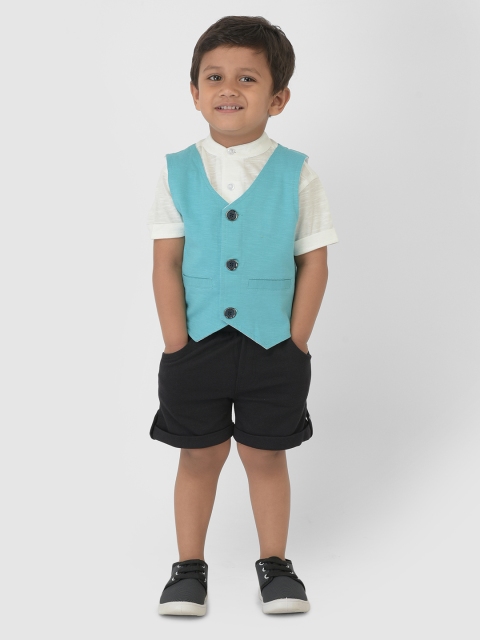 

YK Boys Teal Blue & White Solid Pure Cotton Shirt with Shorts & Waistcoat