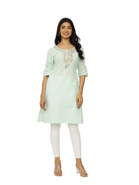 

DURVI Women Blue Floral Embroidered Pure Cotton Handloom Kurta