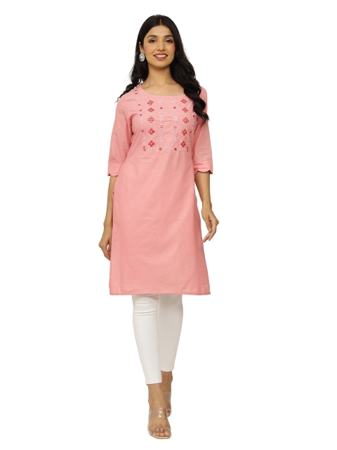 

DURVI Women Pink Embroidered Pure Cotton Thread Work Straight Kurta