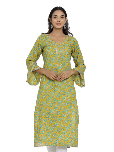 

DURVI Women Yellow & Green Floral Printed Pure Cotton Handloom Kurta