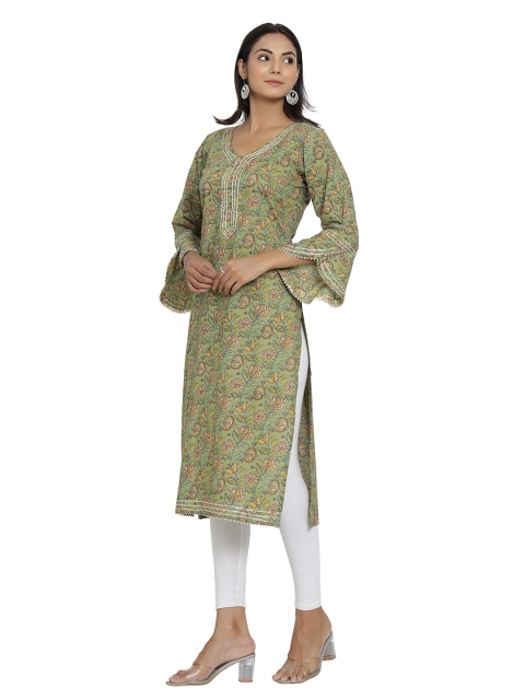 

DURVI Women Green Floral Printed Flared Sleeves Pure Cotton Kurta