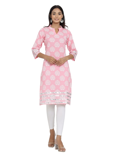 

DURVI Women Pink & White Floral Printed Cotton Handloom Kurta