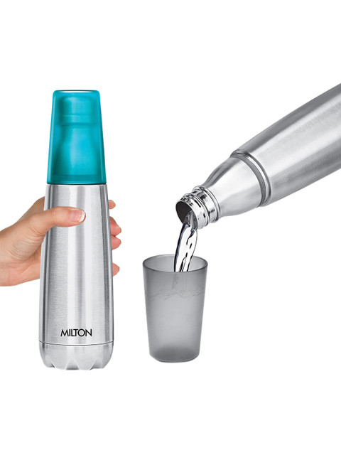 

Milton Silver-Toned & Blue Stainless Steel Water Bottle With Tumbler