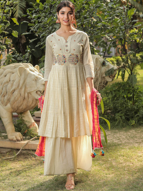

FASHION DWAR Women Cream-Coloured Embroidered Pure Cotton Kurti with Palazzos & With Dupatta
