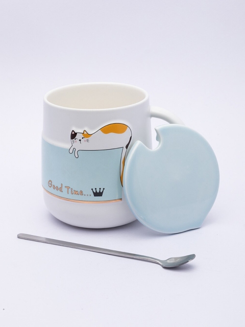 

MARKET99 White & Blue Printed Ceramic Glossy Mug With Lid & Spoon