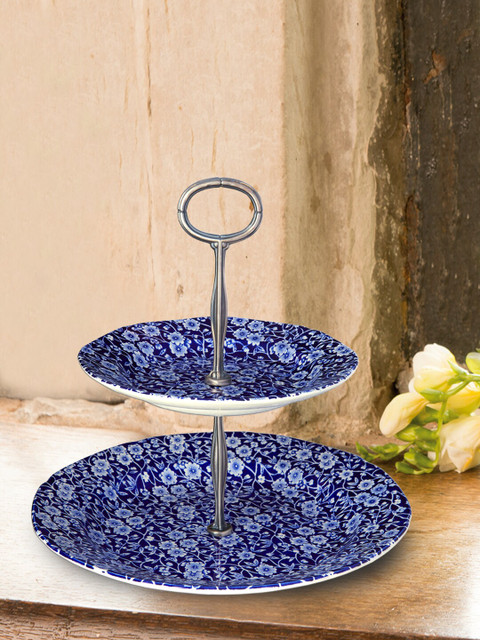 

BURLEIGH Blue & White Printed Earthen Clay Glossy 2 Tier Cake Stand