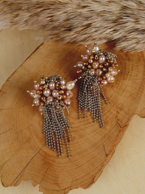 

D'oro Silver-Toned & Peach-Coloured Contemporary Drop Earrings