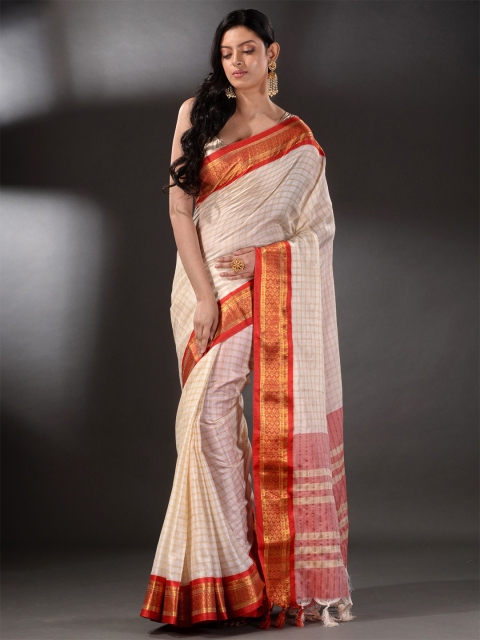 

Arhi White & Pink Checked Silk Blend Saree