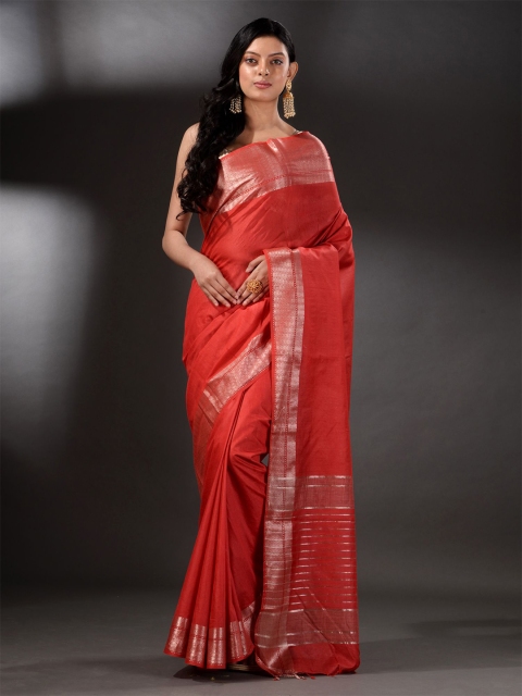

Arhi Red & Silver-Toned Woven Design Cotton Blend Zari Saree