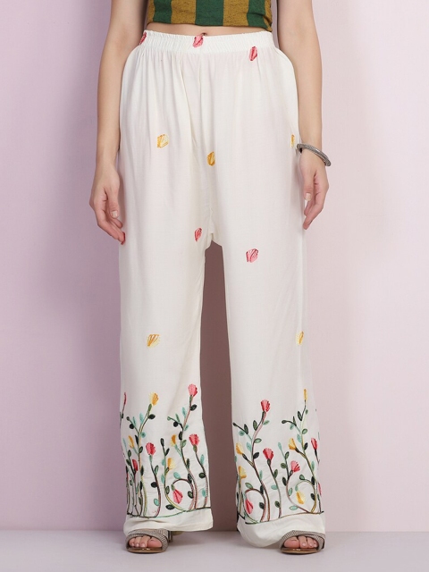 

BUY NEW TREND White & Green Floral Embroidered Knitted Ethnic Palazzos