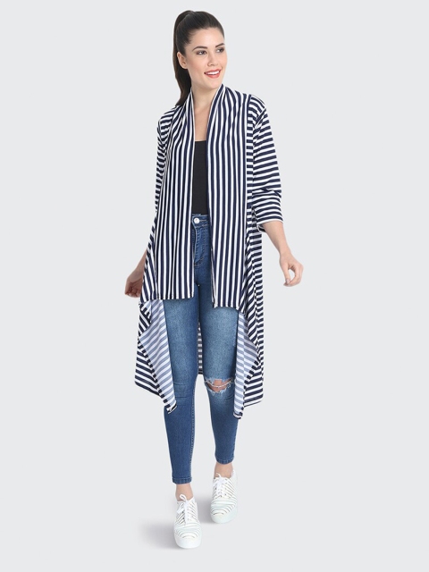 

BUY NEW TREND Women Navy Blue & White Striped Longline Shrug