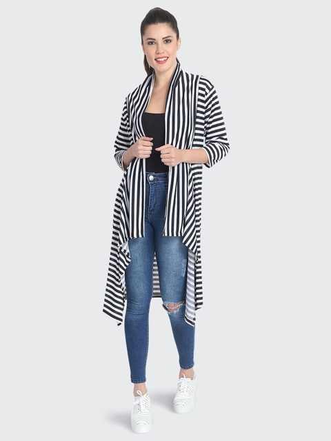

BUY NEW TREND Women White & Black Striped Longline Open Front Shrug