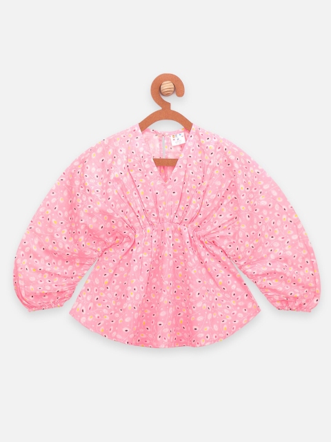 

LilPicks Girls Pink & White Floral Print Cinched Waist Top