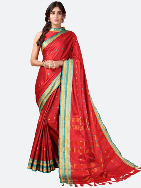 

SIRIL Red & Gold-Toned Woven Design Zari Narayan Peth Saree
