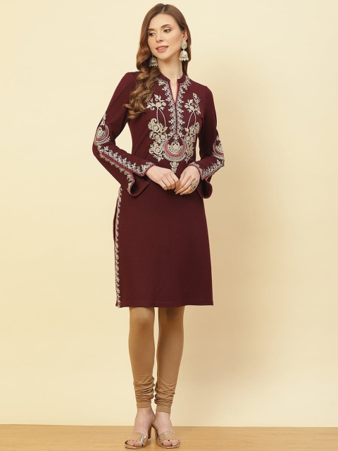 

Lakshita Women Burgundy Ethnic Motifs Embroidered Flared Sleeves Velvet Kurta